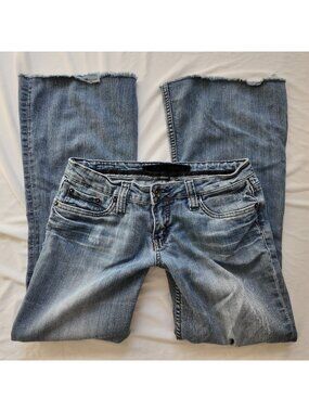 Refuge Jeans Flare Low Rise Y2K McBling Raw Hem Whiskered Blue Denim Size 5/6 S